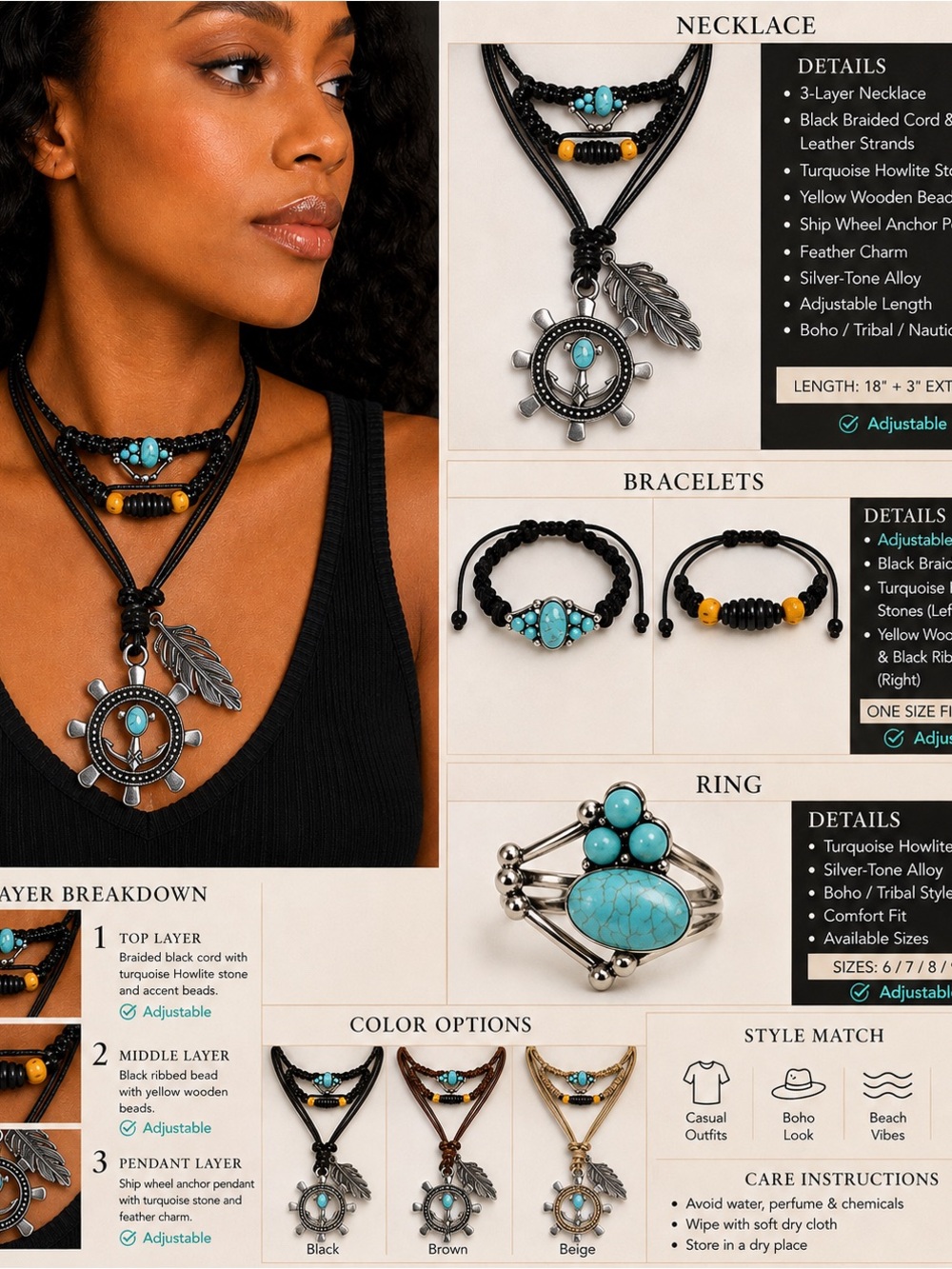 3pcs Boho Turquoise ring & Yellow/brown bracelet breaded & leather Necklace Set
